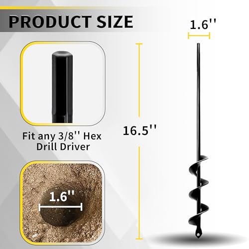 Auger Drill Bit for Planting - 1.6" x 16.5" Plant Auger for Cordless Drill - Bulb Planter Tool for Bulbs Planting&Holes Digging - 3/8" Hex Drive Drill - size: 1.6"x16.5"-black