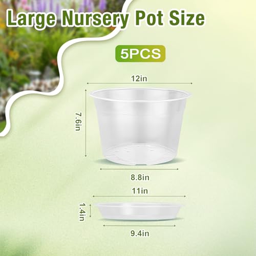 12 Inch Clear Nursery Pots with Drainage and Saucers, 5 Pack Large Clear Plastic Nursery Pots for Plants, Seedling Plant Pots for Repotting and Growing Plants, Flowers & Vegetables (12 inch) - size: 12 inch-5pcs