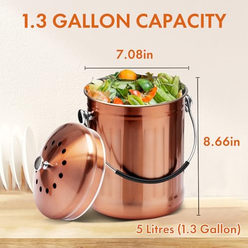 ENLOY Kitchen Countertop Compost Bin, 1.3 Gallon, Stainless Steel, Copper - color: Matte Copper