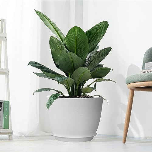 UOUZ 12inch Large Plant Pot, Modern Plastic Planter with High Driange Holes and Saucer for Indoor Outdoor Garden Plants and Flowers, White - color: White