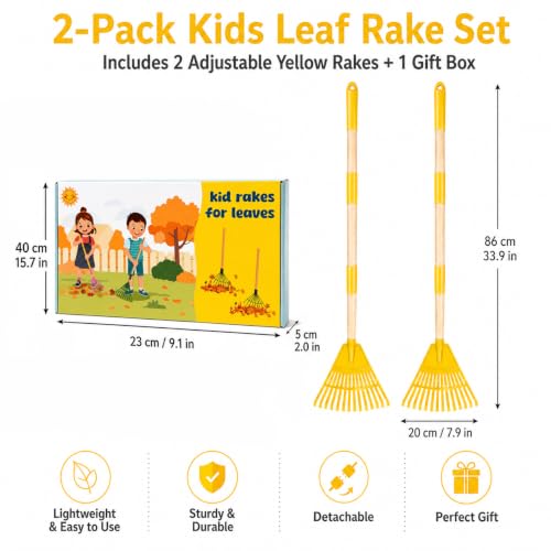 2 Pack Kids Leaf Rakes, 34” Adjustable Small Garden Rakes for Leaves - color: Yellow