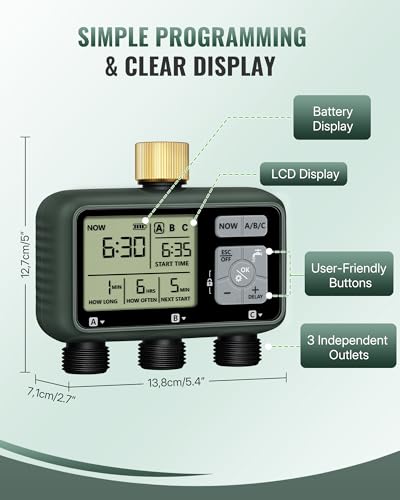3 Zone Brass Sprinkler Timer, Garden Hose Timer, Automatic Irrigation System, Programmable Faucet, 3 Outlets, with Rain Delay, Manual Mode,Child Lock, for Yard, Garden, Lawn, Green E13WT06