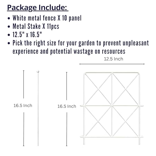 ShopLaLa Garden Fence (10 Panels) 12.5in(L) x 16.5in(H) Decorative White Metal Wire Diamond Fencing, Rustproof Animal Barrier for Dogs, Flower Bed Edging Fences Yard Patio Border Outdoor Decoration - size: 10 panels