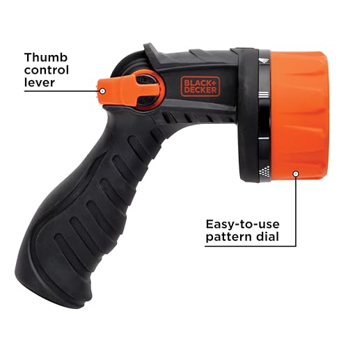 Black + Decker® Heavy-Duty 10-Pattern Poly Thumb Control Nozzle – Ergonomic, Versatile, Precision Garden Hose Attachment BD8439