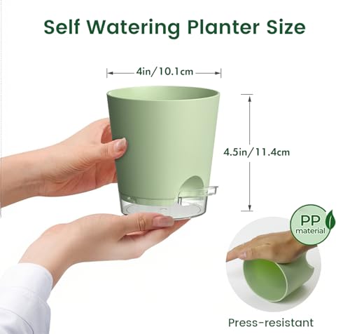 Meowell 4 inch Self Watering Pots for Indoor Plants, 5 Pack Small Flower Plant Pots with Drainage Holes and Clear Reservoirs, Visible Water Level, Plastic Planters with Wicking Rope, Green - color: Green, size: 4in 5pcs