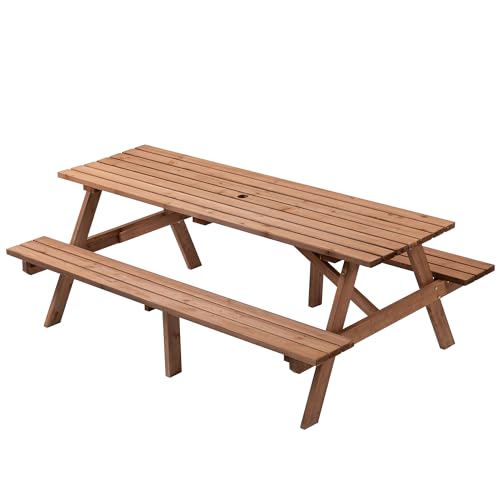 Outdoor Wooden Picnic Table with Benches and Umbrella Hole, Rustic Style Wood Picnic Table Bench Set for 6 or 8 Person for Backyard, Porch, Patio, and Deck, Brown - size: 8Person-Brown