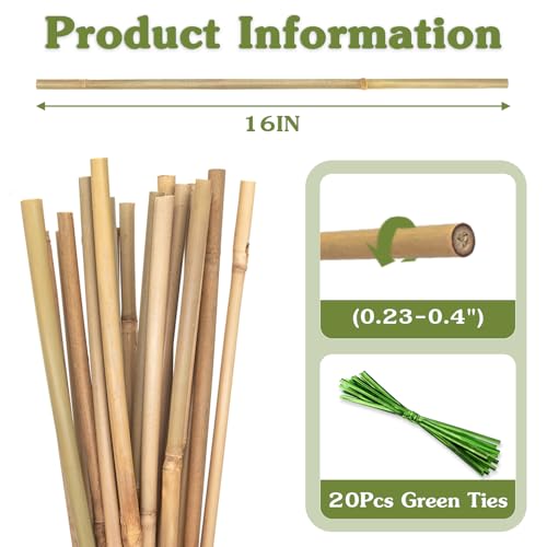 Plant Stakes 16inch, HAINANSTRY 20Pcs Natural Bamboo Sticks Garden Stakes - size: 16Inch 20Pack