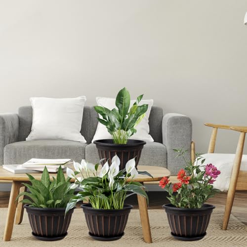 10 Inch Plant Pots,4 Pack Flower Pot,Planters Pot with Drainage Hole - color: Black, size: 10 inch-4 pack
