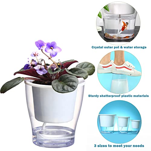3 Packs 7" Large Clear Self-watering Planters African Violet Pots Plastic Plant Pots Wicking Flower Pots for Indoor Plants, Herbs, African Violet, Ocean Spider Plant, Orchid Pot, Clear and White - size: 7"