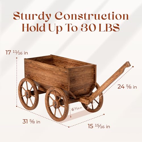 Wood Wagon Planter for Outdoor Balcony Decor - Garden Rustic Wooden Flower Cart with Wheels for Outside - Garden Decor - Amish Decorative Indoor - Wheelbarrow Planter for Patio - color: Wood Wagon Planter