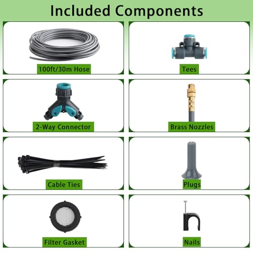 100FT 1/4" Quick-Connect Drip Irrigation System Kit, Automatic Garden Watering System with 16 Pcs Adjustable Spray Nozzles for Garden, Greenhouse, Yard, Lawn - size: 100FT