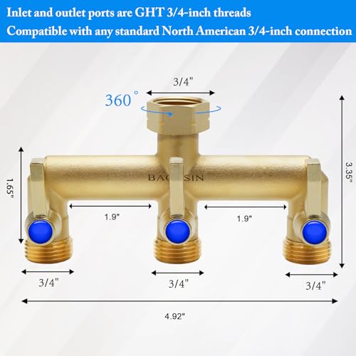 Brass Garden Hose Splitter, 3 Way Hose Splitter, Outdoor Hose Splitter, Outlet for Regulating and Shutting Off Water Flow