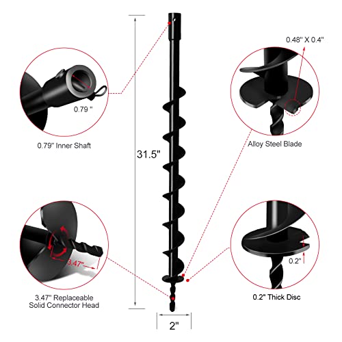 LONGRUN Post Hole Digger 0.79"(20mm) Inner Shaft Head Earth Auger Drill Bit, Fence Hole Digger Solid Spiral Augers, Garden Hole Digging Drill Bit for Planting Trees, Bulb, Earth Burrowing-2" x 31.5" - color: Black, size: 2 Inch