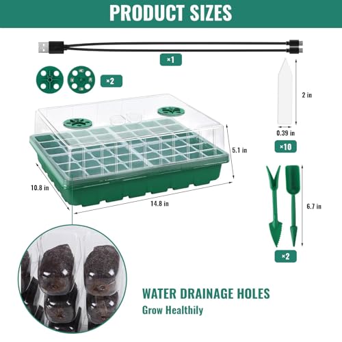 48-Cell Seed Starter Tray Kit with Grow Light, 2 Full-Spectrum LED Lights, 13cm Tall Humidity Dome, Thick PVC Seedling Trays, Labels & Tools, USB-C Power, Indoor Germination