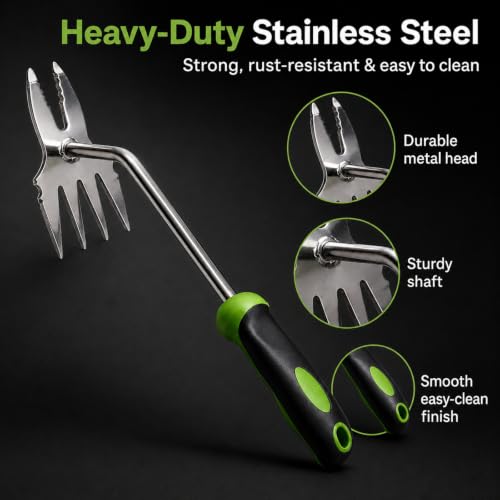 NWDEY 14 Inch Dual-Ended Hand Weeder, 4-Tine Fork & 2-Prong Root Puller