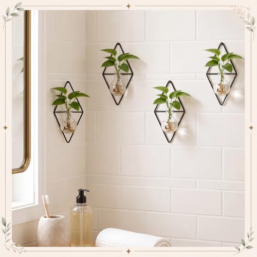4 Pack Wall Hanging Glass Vase with Metal Frame, Wall Mounted Plant Propagation Station, Diamond Shape Hydroponic Glass Planters with Iron Holder and Screws for Indoor Decor (Black)