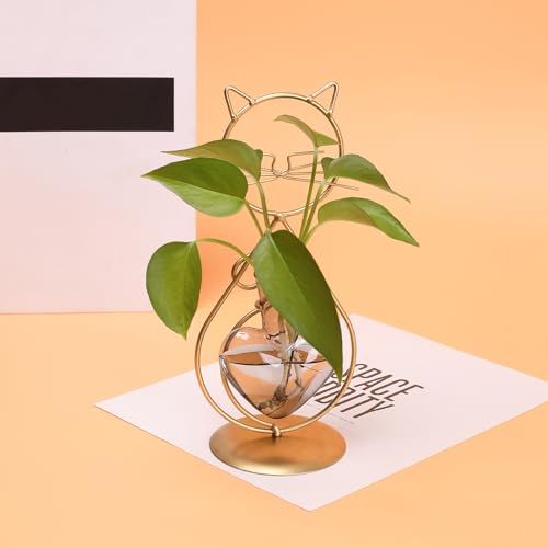 Plant Terrarium Propagation Station Gifts for Women Cat Lover - color: Gold Gray