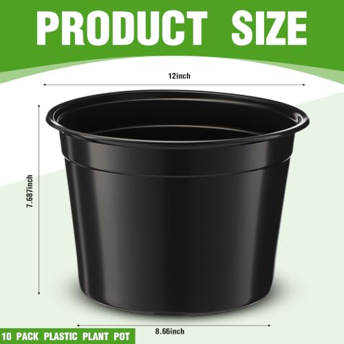 10 Pack 12 Inch Large Black Nursery Pots with Drainage Holes Plastic Seedling Nursery Pots Plant Containers for Vegetables, Flower, Greenery, Orchids, Aloe, Indoor Outdoor Use