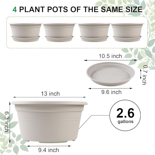 Large 4 Pack 13 inch Plant Pots, Round Plastic Pots for Plants, Gray White - color: Gray White, size: 13 Inch - 4Pack