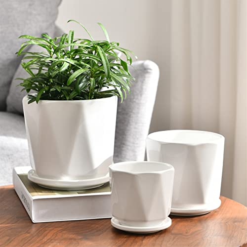White Ceramic Planter Set of 3 with Drainage and Saucer, Indoor Plant Pots - color: Pure White