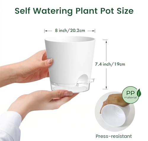 Meowell 8 inch Self Watering Pots for Indoor Outdoor Plants, 2 Pack Flower Plant Pots with Drainage Holes & Clear Reservoir for Visible Water Level, Plastic Wicking Planters for House Plants, White - color: White, size: 8 in 2pcs