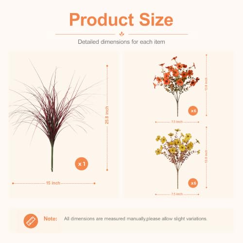 HyeFlora Artificial Fall Flowers for Outdoor Decoration, 13 Bundles Faux Silk Colorful Mums Grass UV Resistant Realistic Fake Flowers for Home Porch Patio Yard Window Box (Fall Orange Fall Yellow) - color: Orange Yellow