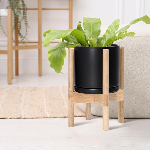 D'vine Dev Ceramic Pot with Natural Wood Stand, Black, 8 in, 55-B-N-2 - color: Black Pot + Natural Stand, size: 8 Inch