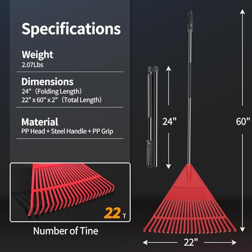 Garden Leaf Rake, 60" Garden Rakes with Foldable Lightweight Steel Handle, 22 Tines Plastic Head Shrub Rake, Folding Yard Garden Rake for Shrub, Lawns, Grass, Flower Beds Leaves Cleaning, Black & Red - style: 22 Tines, Black and Red