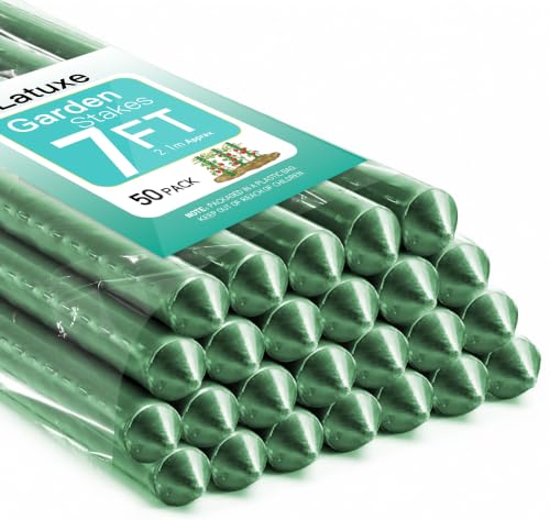 50pcs Garden Stakes 7FT, Plastic Coated Steel Plant Stakes Specifically Designed for Climbing Plants, Ideal for Tomatoes, Beans, Cucumbers, Peppers, Vines, and More Plant Growth - size: 7ft, 50pcs