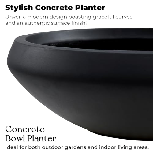 19" Dia Black Concrete Bowl Planter, Large Succulent Pot with Drain Hole - color: Black, size: Medium