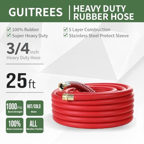 Guitrees 25FT 3/4 Heavy Duty Rubber Garden Hose - 300psi Working, 1000psi Burst - Hot/Cold Water - Five-Layered Braiding for Durability - Versatile for Gardening, Agriculture, Construction(Red) - color: Red, size: 3/4 25FT Male to Female