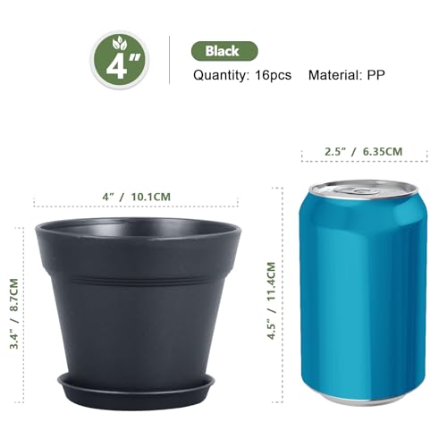Meowell 4 inch Small Plastic Nursery Pots, 16 Pack Plant Pots for Indoor Outdoor Plants, Flower Pots with Drainage Holes and Saucers, Decorative Seedling Starter Planters for House Plants, Black - color: Black, size: 4inch 16pcs
