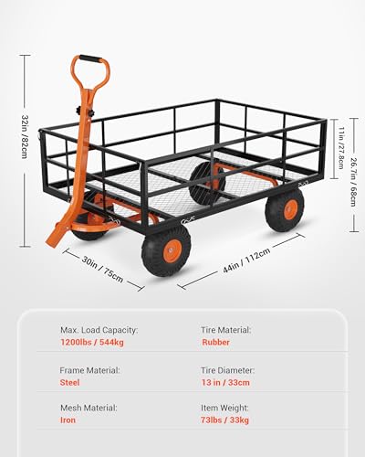 ACEKOOL Heavy Duty Steel Garden Cart, 1200Lbs Capacity Garden Cart Utility Wagon with 10" All-Terrain Wheels, Removable Sides & 180° Rotating Handle for Yard, Lawn, Farm and Warehouse Outdoor Use - size: 1200 LBS Black Orange