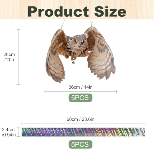 5 Pcs Hanging Fake Owl to Scare Animals Away, Flat Cardboard Fake Owl Keep Pigeon Woodpecker Away, Weatherproof Outdoor Decor for Contryard Patio Backyard Front Porch Balcony Orchard Windows - color: 5pcs-lt.brown