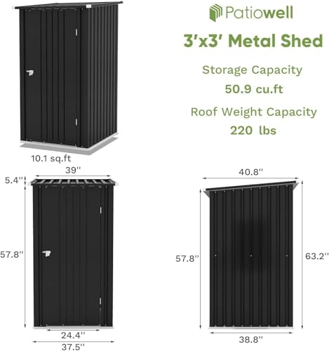 Patiowell 3x3 FT Storage Shed, Small Metal Shed, Black - color: Black, size: 3x3 FT