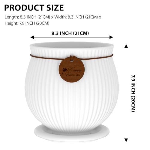 8.3 Inch White Ceramic Planter with Drainage Hole and Saucer - color: Matte White, size: Large