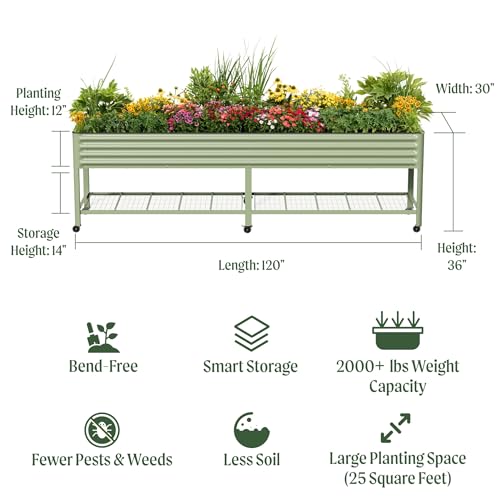 Vego garden Rolling Elevated Raised Garden Bed, 2.5' x 10' Outdoor Planters Boxes with Legs & Storage Rack for Patio, 2000+ Lbs Weight Capacity, Raised Beds for Gardening, Pearl White - color: Pearl White, size: 2.5' x 10'