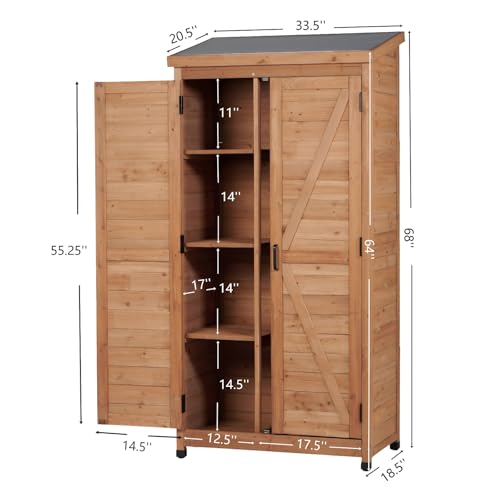 Outdoor Metal Top Wooden 3 Adjustable Shelves Storage Sheds Garden - color: Light Brown