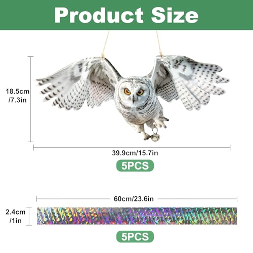 Flat Plastic Owl Scarer Hanging Device, 5 Pack Dual-Side Printed Owl with Reflective Tape and Bell for Garden Patio Farm Yard Window Porch, Outdoor Pigeon Woodpecker Scare Decoration, Not 3D - color: 5pcs-white-01