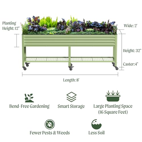 Vego garden Rolling Elevated Raised Garden Bed, 2' x 8' Outdoor Planters Boxes with Legs & Storage Rack for Patio, 1400 Lbs Weight Capacity, Raised Beds for Gardening, Olive Green - color: Olive Green, size: 2' x 8'