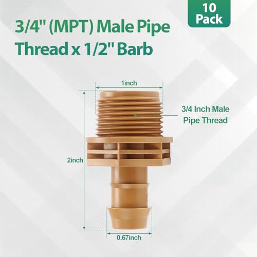 RedChili 10 Pack 1/2 Inch Drip Irrigation Fitting To 3/4 Inch MPT National Pipe Taper Thread Adapter-Compatible with 1/2 Inch 17mm .560" to .600" ID Drip Tubing - size: 3/4" Threaded Irrigation Adapter