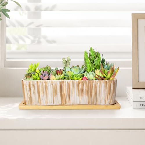 Succulent Pots, 12'' Long Rectangle Planters with Tray, Windowsill Planter - color: Wooden Pattern