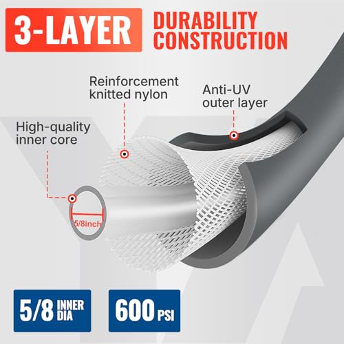 YAMATIC Flexible Garden Hose 5/8" x 75ft, 360° Swivel Handle, Burst 600 PSI - color: Gray, size: 75' (feet) Male to Female with Swivel