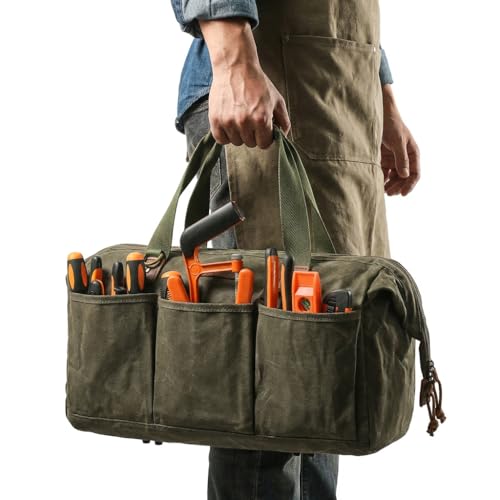 Heavy Duty 18-Inch Tool Bag for men, 12 Pockets, Large Zippered Tool Organizer, Portable Empty Toolbox for Mechanics, Electricians, DIY – Durable Soft Handle, Ideal Father’s Day or Birthday Gift - color: Army Green