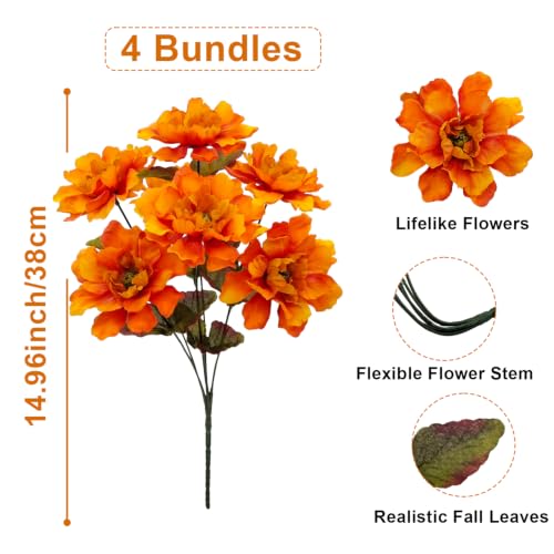 4 Bundles Fall Flowers for Cemetery Artificial Mums for Outdoors - color: Burnt Orange