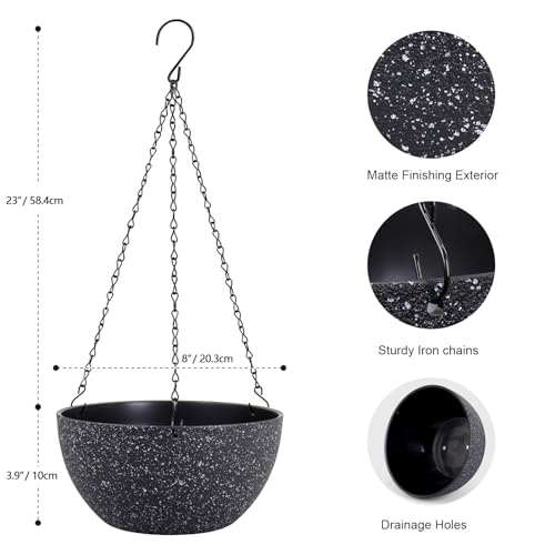 Meowell 8 inch Small Hanging Planters for Indoor Outdoor Plants, 2 Pack Hanging Flower Plant Pots with Drainage Holes and Chain for Porch, Plastic Hanging Baskets for House Plants, Speckled Black - color: Speckled Black, size: 8inch 2pcs