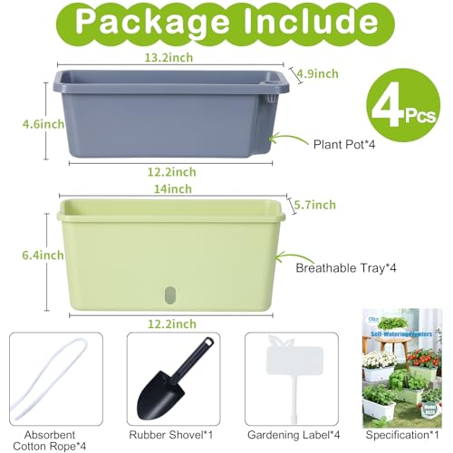 Oliz Window Box Planter 4 Packs, 14 Inches Rectangle Flower Pots with Breathable Drainage Holes, Pots for Vegetables, Herbs, Flowers, Garden Windowsill Balcony (Green & Grey) - color: Green & Grey