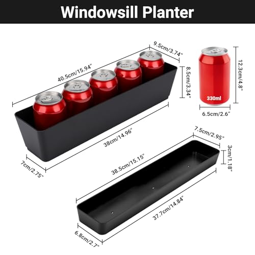 GREANER 3PCS 16x3.8 Inch Window Boxes Planters, Black Rectangle Planters Box with Drainage Holes and Trays, Herb Succulents Flowers Plastic Pot for Windowsill, Garden, Balcony, Indoor, Outdoor Decor - size: 3Packs/16x3.8in-black