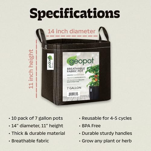 GeoPot 7 Gallon Fabric Grow Bags with Handles - 5-Pack - Black - Indoor/Outdoor - Aerated Fabric Pots for Vegetables, Herbs, Flowers & Houseplants - size: 7 Gallon (5-Pack), style: With Handles