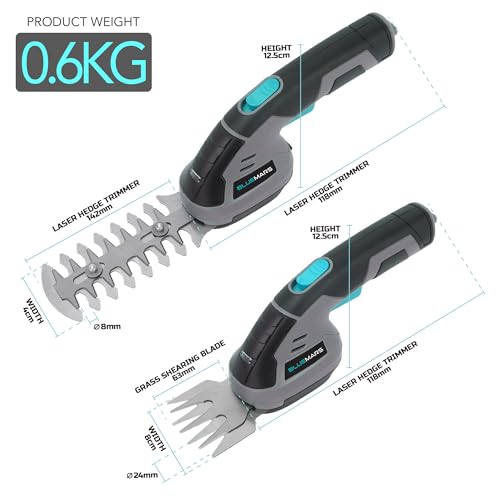 Bluemars 8V 2-in-1 Cordless Hedge Trimmer & Grass Shear w/ 2000mAh Lithium-Ion Battery, Mini Garden Pruner with 2 Blades, for Lawn, Shrub, and Garden Edging